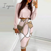 Ingvn - Sexy Crop Long Sleeve Pink Bodycon Dress Sets Women Autumn Print Cropped Feminino Two Piece Set Women Skirt Dress Suits