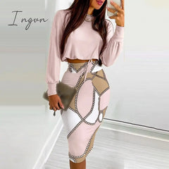 Ingvn - Sexy Crop Long Sleeve Pink Bodycon Dress Sets Women Autumn Print Cropped Feminino Two Piece Set Women Skirt Dress Suits