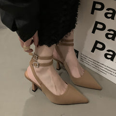 Slingbacks High Heels Pumps Women Pointed Toe Thin Heeled Party Shoes Woman Solid Color Ankle Buckle Summer Sandals