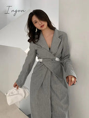 Ingvn - Women Gray Pleated Knot Long Elegant Dress New V-collar Long Sleeve Loose Fit Fashion Tide Spring Summer 2023