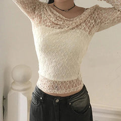 Transparent Lace Crop Top Asymmetrical Off-shoulder Long Sleeve Smock T-shirts Women Summer Casual Tees y2k Vintage Tees