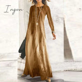 Ingvn - Fashion Shiny Long Office Lady Party Dress Women Vintage Round Neck Long Sleeve Maxi Dress Autumn Slim Boho Spring Dresses