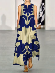 Boho Chic Sleeveless V-Neck Maxi Dress - Eye-Catching Graphic Print, Perfect for Spring & Summer - Womens Airy Beachwear