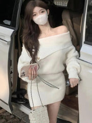 Y2K Autumn Solid Knitted Dresses for Women Off Shoulder Slash Neck Casual Vestidos Mujer Korean Femme Chic Fashion Mini Dress