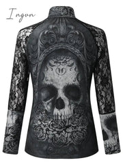Ingvn - Women's T shirt Tee Black Skull Lace Print Long Sleeve Halloween Weekend Basic High Neck Regular Painting S