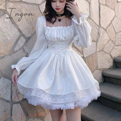 Ingvn - Womens New Trends White Lolita Dress Kawaii Vinatge Long Sleeve Mini Dresses Black Gothic Bandage Lace Patchwork Streetwear Square Collar