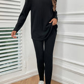 Two-Piece Pants Set - Elegant Solid Color Long Sleeve Crew Neck T-Shirt and Skinny High Waist Pants Outfit for Women - Polyester Knit Fabric, Mid Elasticity, Spring/Fall Season, No Printing, No Sheer