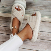 Cozy Chic Plush Platform Slippers - Easy Slip-On, Cross-Strap Design, Solid Color Comfort for Stylish Indoor Use