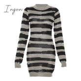 Ingvn - Patchwork Stripe Knitted Mini Dress 2023 Fall Winter Women Fashion Full Sleeve Bodycon Short Clubwear Party Outfits Streetwear