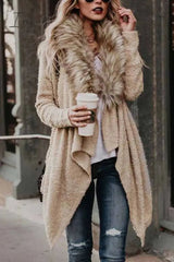 Ingvn - Fur Collar Cardigan Plush Trench Coat