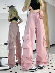 Ingvn - Harajuku Y2k Wide Cargo Pants Women Baggy Hip Hop Style Black Parachute Pants Pink Oversized Joggers Korean Streetwear