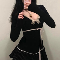 Contrast Lace Bow Cropped Top Sweet Coquette Square Collar T Shirts Black Casual Full Sleeve Tee Women y2k Aesthetic Lady