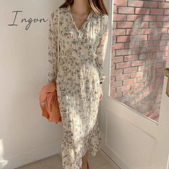 Ingvn - 2023 Fashion Trends Elegant Ruched Floral Print Women Autumn Dress Sexy V-neck Full Sleeve Female Long Dresses Spring Chiffon Vestidos
