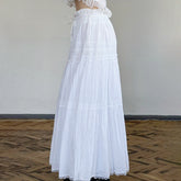 Lace stitching versatile slimming large swing super long dress holiday style casual loose lace-up low waist hot girl solid color skirt