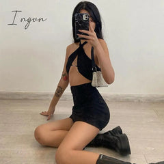 Ingvn - Woman Dress y2k Gothic Mini Dresses Sexy Deep V Neck e girl Streetwear Halter Black New Trendy 90s Vintage Christmas Party