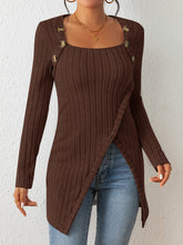 Button Decor Asymmetrical Hem T-Shirt, Casual Ribbed Long Sleeve Top For Spring & Fall, Women's Clothing