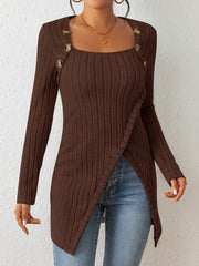 Button Decor Asymmetrical Hem T-Shirt, Casual Ribbed Long Sleeve Top For Spring & Fall, Women's Clothing