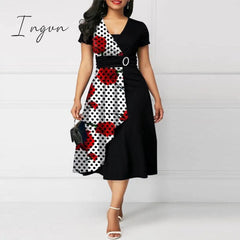 Ingvn - 2023 New Trends Retro Women High Waist Irregular Midi Dresses Summer Fashion V-neck Short Sleeve A-line Party Dress Elegant Office Lady Vestidos