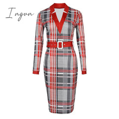 Ingvn - 2023 Trends Fashion Vintage Women Pattern Print Office Dresses Spring Autumn V-neck Long Sleeve Slim Bodycon Midi Dress Elegant Ladies Belt Vestidos
