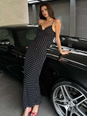 Fashion Polka Dot Print Maxi Dress Women Bandage Backless v-Neck Mesh Elegant Simple Temperament Casual Street Vestidos