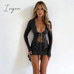 Ingvn - Hollow Out Lace Sexy Dress Set Women Long Sleeve T-shirt And Mini Skirt Sets Lace-up Irregular Party Two Piece Set