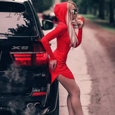 Ingvn - Women Sexy Bodycon Dress Spring Autumn Winter Woman Hooded Long Sleeve Wine Red Suede Dress robe femme