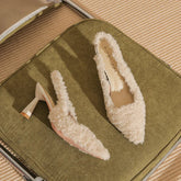 Black Fur Slingback Pumps Sandals Women Fashion Pointed Toe Shallow Slip-on Plush Pumps Ladies Elegant Evening Party Heel Shoes