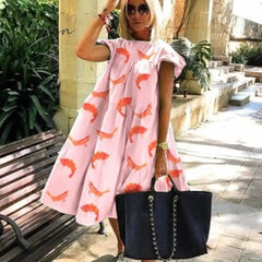 Ingvn - New Summer Solid Color Women Dress Short Sleeve Loose Chic Pleated Dress Beach Casual White Black Pink Dress Lady Vestidos