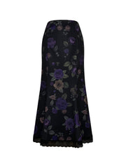 Floral Print Lace Trim Skirt, Elegant High Waist Bodycon Ruffle Midi Skirt, Women's Clothing
