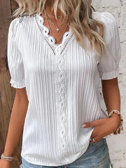 Ingvn - Women's Shirt Blouse yellow-green Violets White Plain Lace Short Sleeve Casual Basic V Neck