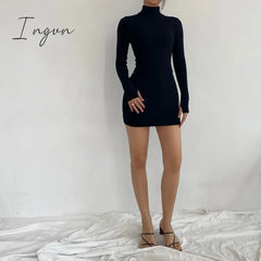 Ingvn - Autumn Fashion Sexy Solid Turtleneck Skinny Mini Dress Women Rib Knit Keep Warm Long Sleeve Slim Dress Streetwear