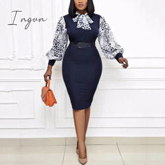 Ingvn - African Fashion Women Dresses Office Style Dot Patchwork Bow High Waist Bodycon Mid Calf Elegant Business Work Wear Vestidos New