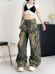 Ingvn Women's Tie Dyed Patterns Multiple Pockets Unisex Jeans Street Summer Trousers Young Girl Street Bottoms Female Denim Pants