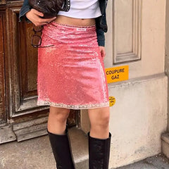 Vintage Sweet Pink Sequin Skirt for Women Simple Slim Fit Bodycon Skirts 2025 Summer New All-match Faldas Sexy Mujer