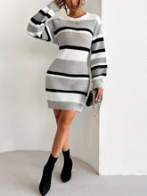 Cozy Stripe Acrylic Knit Sweater Dress for Women - Soft Crew Neck, Long Sleeve, Midi Length, Color Block Pattern, Elegant Fall/Winter Collection, Casual Chic, Versatile, and Comfortable