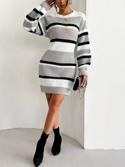 Cozy Stripe Acrylic Knit Sweater Dress for Women - Soft Crew Neck, Long Sleeve, Midi Length, Color Block Pattern, Elegant Fall/Winter Collection, Casual Chic, Versatile, and Comfortable