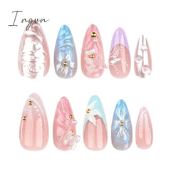 24pcs 3D Flower Fake Nail Patch French Almond Summer Sea Shell Decor False Nail Full Cover Wearable Press on Nails Tips for Girl