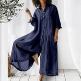 Ingvn - Cotton Linen Women Jumpsuit Oversized Vintage Button Jumpsuit Summer Women Casual Beach Playsuit Wide Legs Pants Loose Romper