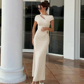 Hollow Out Gold Clasp Sexy Maxi Dress For Women Gown Solid Backless Ruched Bodycon Club Long Dresses Female Summer Party Dresses
