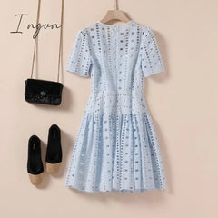 Ingvn - Summer Outfits High Quality Summer Hollow White Lace Two-Piece Dress Zomerjurk Dames High-Waisted Women Party Dress Vestidos De Verano N