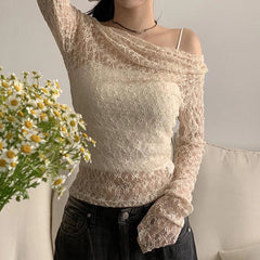 Transparent Lace Crop Top Asymmetrical Off-shoulder Long Sleeve Smock T-shirts Women Summer Casual Tees y2k Vintage Tees