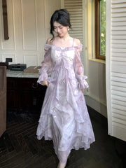 Autumn French Print Fairy Long Dresses for Women Elegant Off Shoulder Ruffles A-Line Birthday Party Dress One Piece Vestidos New