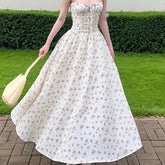 Elegant Women French Style Lace Trim Floral Print Sling Long Dress Sexy Thin Straps A-line Summer Dresses Holiday Robe