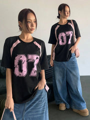Women's Clothing Fashion Casual Crew Neck Contrast Color Number 07 Print Streetwear T-Shirt Sports Jerseys And Fashionable Tops