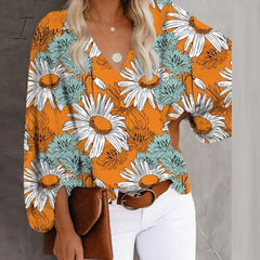Ingvn - Summer Outfits Female Streetwear Oversized XXXL Tops Blusa Summer V Neck Long Lantern Sleeve Blouse Casual Women Printing Loose Elegant Shirts
