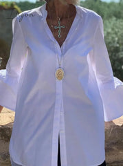 Ingvn - White Shirts Summer Women Solid Flare Sleeve Shirts Spring Blouse Sexy V Neck Button Up Office Shirt Femininas Blusas
