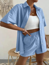 Ingvn - Long Sleeve Single-breasted Top + Broad-legged Shorts Set Fashion Ladies Sexy Solid Suits Summer 2 Piece Outfits For Women