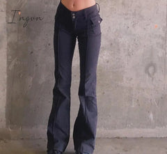 Ingvn - Indie Aesthetics Slim Low Waist Flare Pants E-girl Vintage Pockets Solid Y2K Pants Autumn 90s Fashion Black Trousers