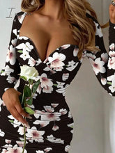 Ingvn - Elegant Bodycon Short Dress Women Sexy Ruched Deep V Neck White Party Dresses Autumn Casual Fashion Floral Print Dress