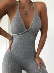 Ingvn - v-neck skinny sexy jumpsuit women summer hollow out partywear halter sleeveless streetwear outfit fitness backless